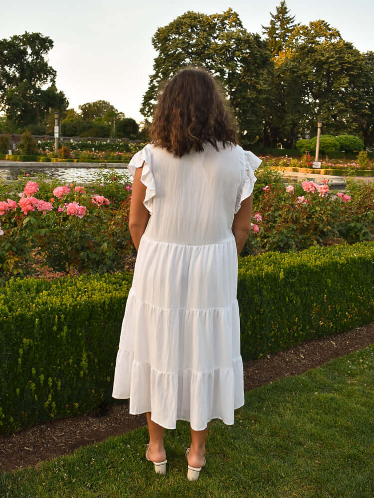 Erika White Flutter Sleeve Midi Dress