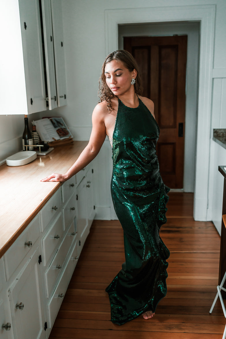 Evangeline Green Sequin Halter Maxi Dress - FINAL SALE