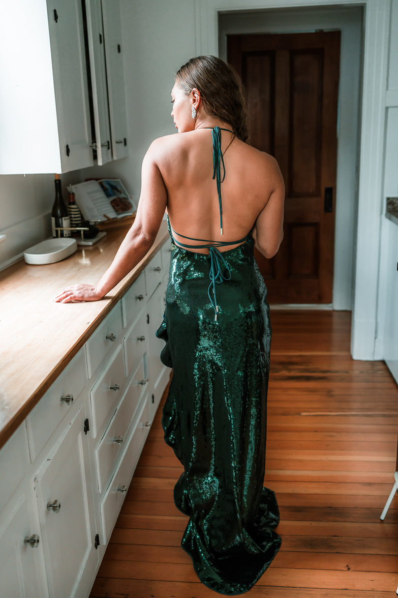 Evangeline Green Sequin Halter Maxi Dress - FINAL SALE