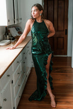 Evangeline Green Sequin Halter Maxi Dress - FINAL SALE