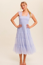 Fiori Short Blue Tulle Tiered Midi Dress - FINAL SALE
