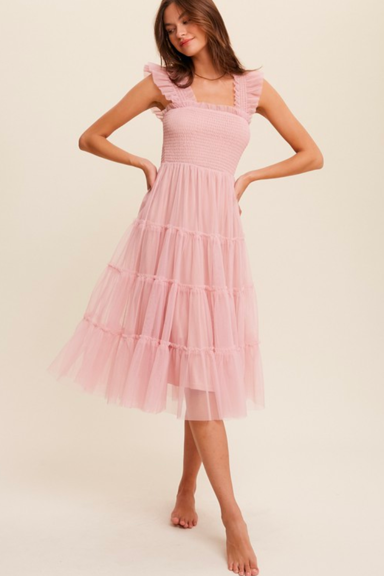 Fiori Short Pink Tulle Tiered Midi Dress - FINAL SALE