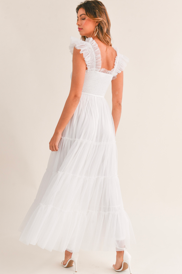 Fiori Tulle Tiered Maxi Dress - White