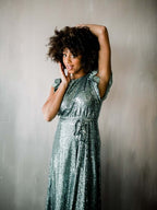 Flutter Sleeve Sequin Midi Dress - Silver - FINAL SALE