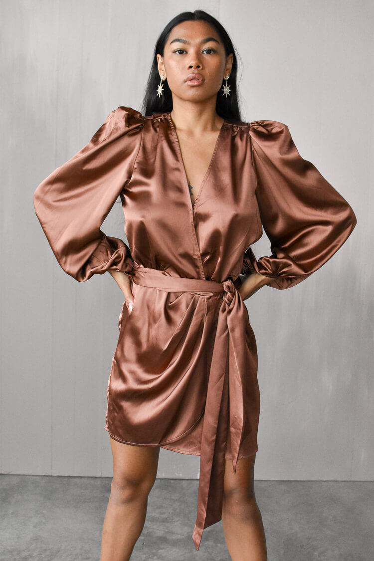 Gal Satin Wrap Mini Dress - Bronze - FINAL SALE