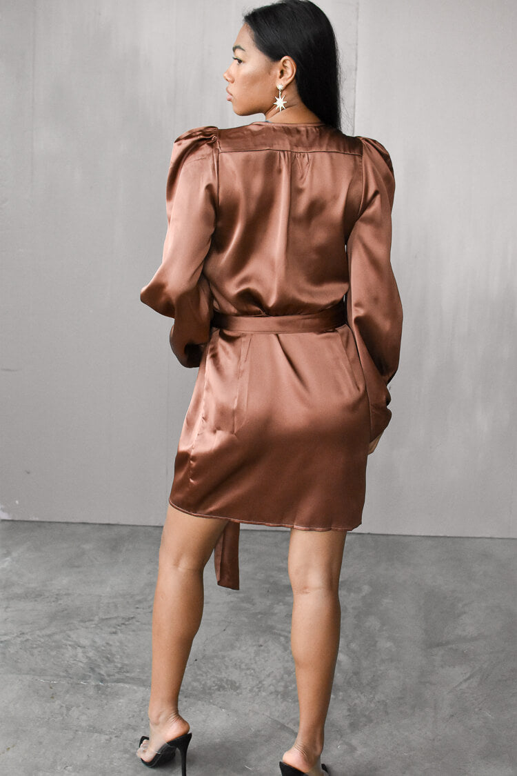 Gal Satin Wrap Mini Dress - Bronze - FINAL SALE