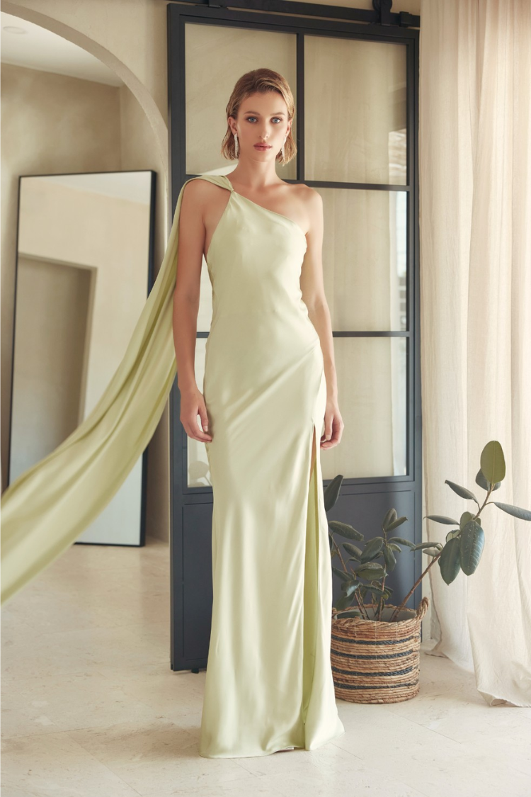 Hailey Satin Maxi Dress with Neck Scarf - Sage Green