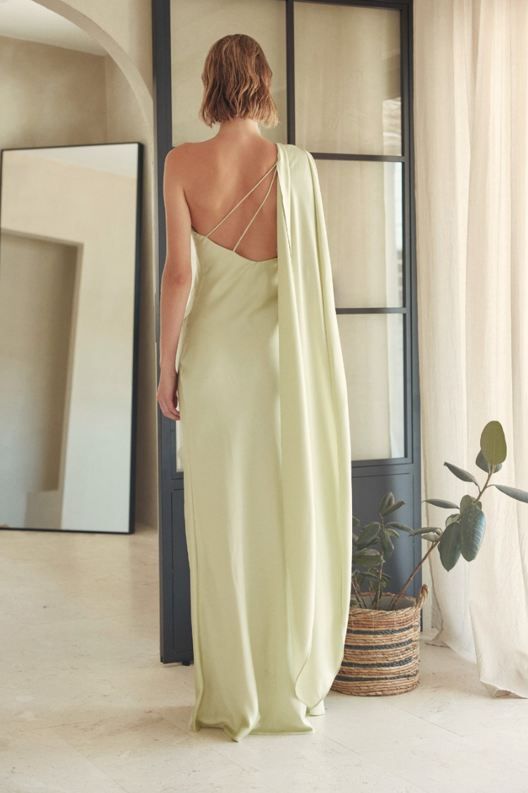 Hailey Satin Maxi Dress with Neck Scarf - Sage Green