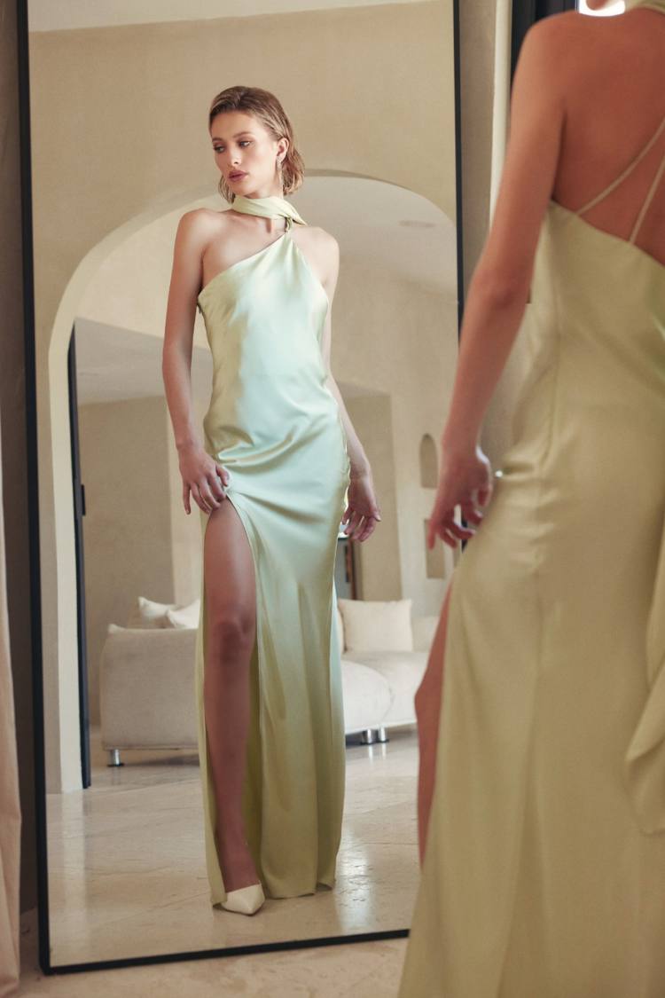 Hailey Satin Maxi Dress with Neck Scarf - Sage Green