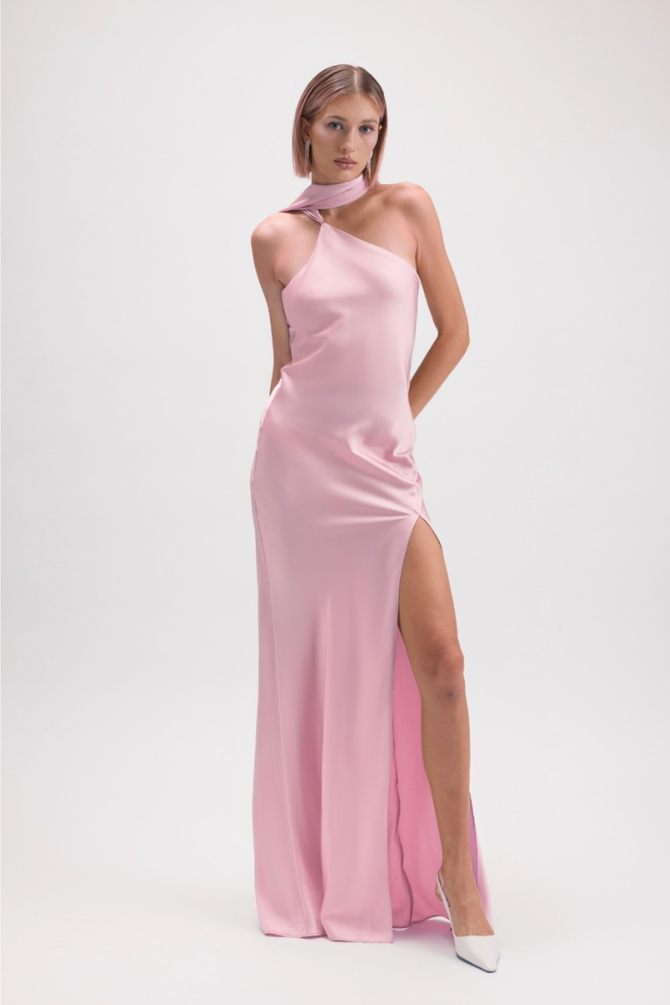 Hailey Satin Maxi Dress with Neck Scarf - Sage Green
