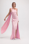 Hailey Satin Maxi Dress with Neck Scarf - Pink