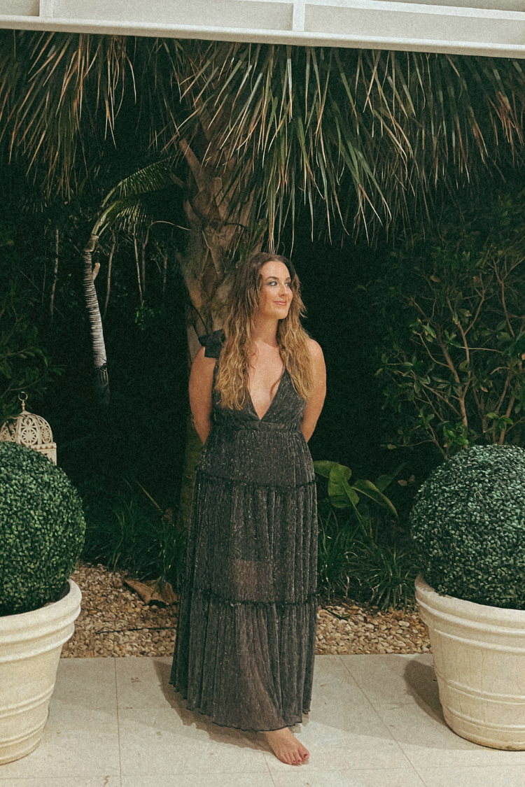 Halle Shoulder Tie Deep V Maxi - Silver