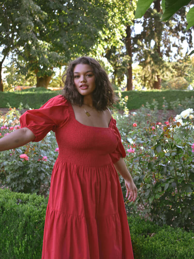 Heath Puff Sleeve Plus Midi Dress - Tomato