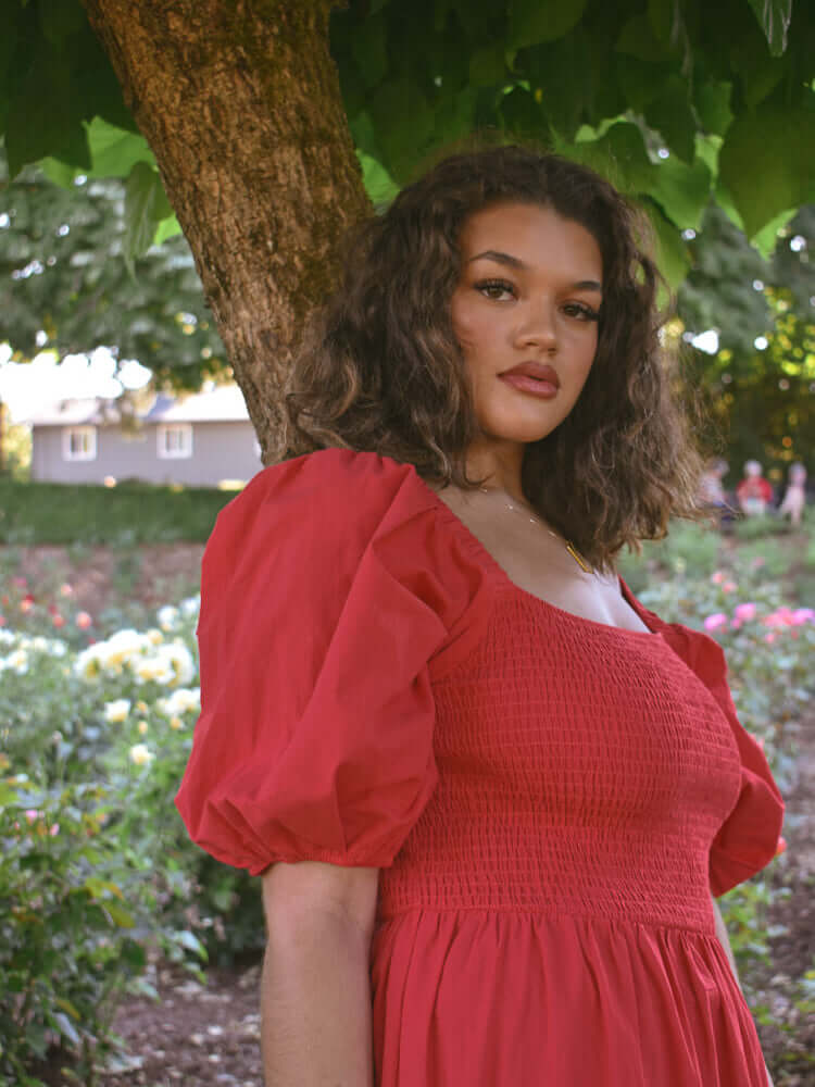 Heath Puff Sleeve Plus Midi Dress - Tomato