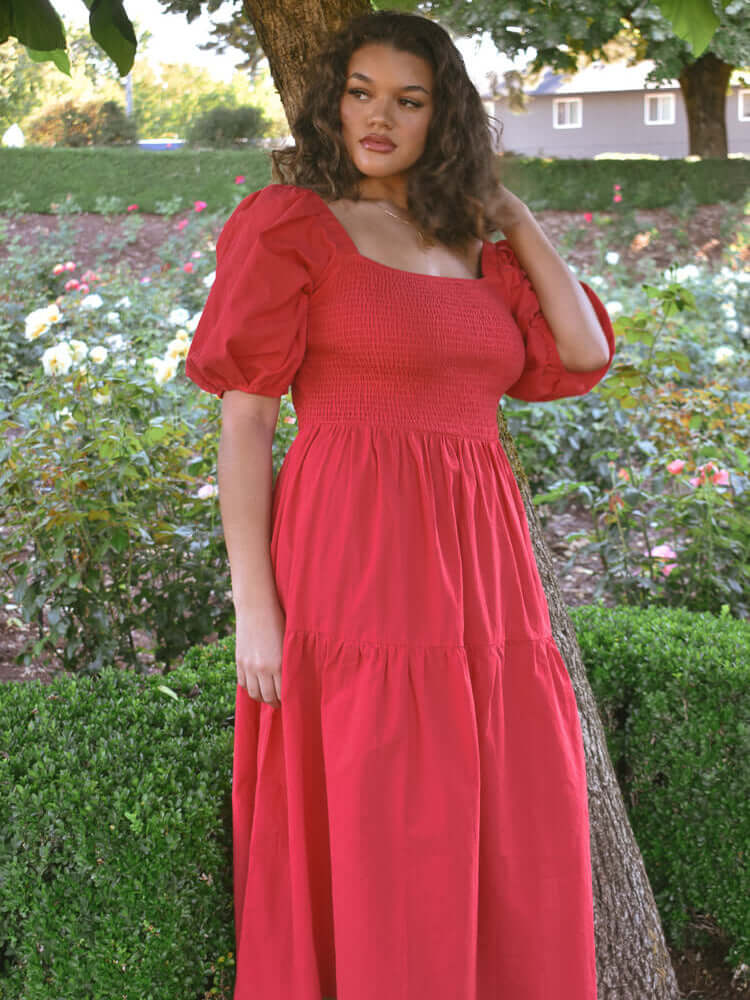 Heath Puff Sleeve Plus Midi Dress - Tomato