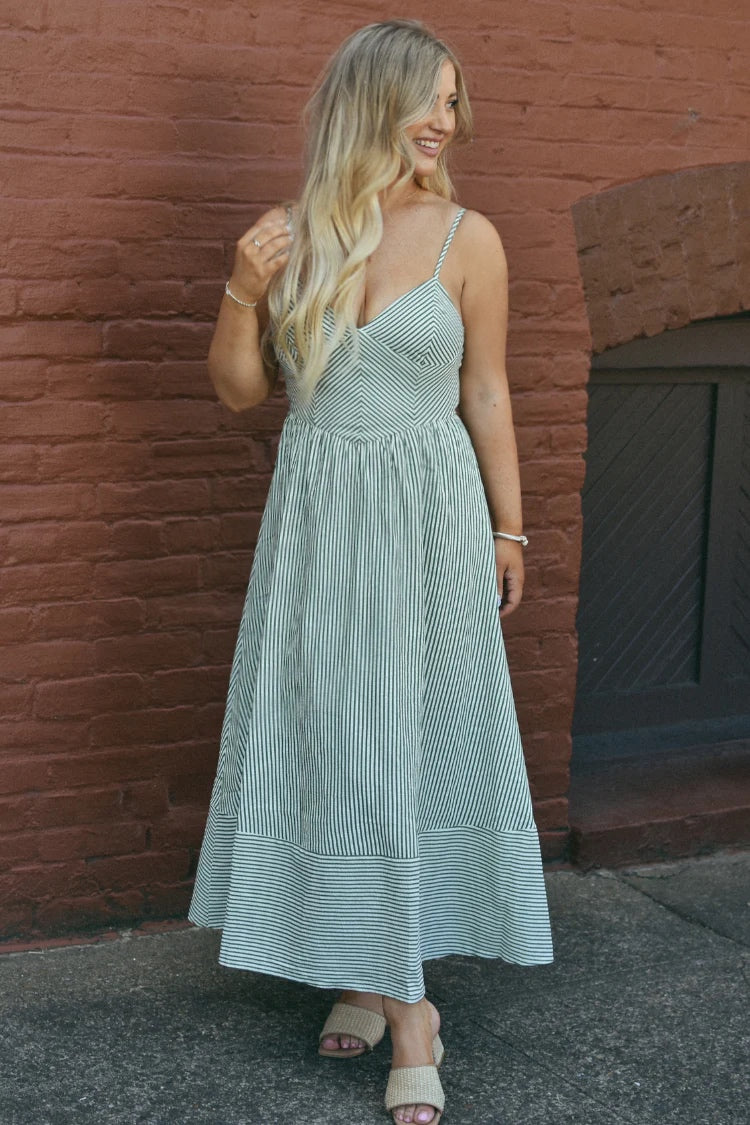 Cabana Stripe Basque Waist Midi Dress