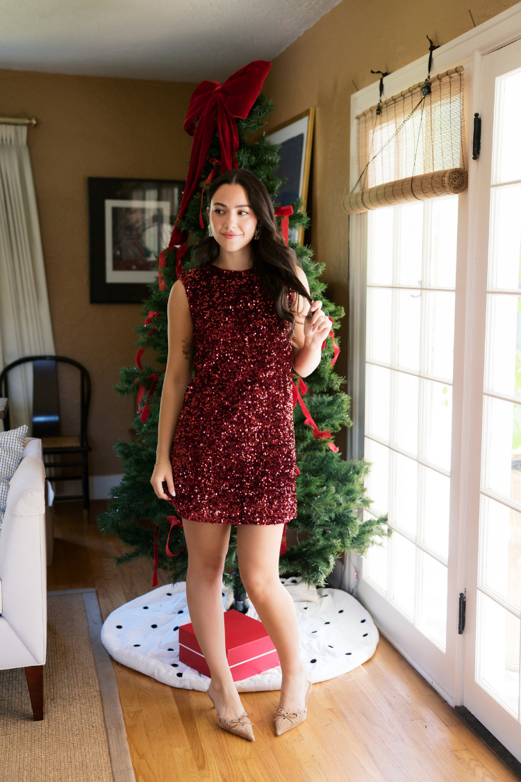 Irina Sequin Sleeveless Mini Dress with Black Bow - Burgundy