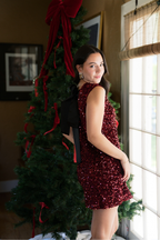 Irina Sequin Sleeveless Mini Dress with Black Bow - Burgundy