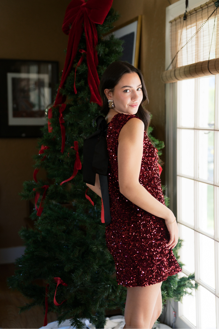 Irina Sequin Sleeveless Mini Dress with Black Bow - Burgundy