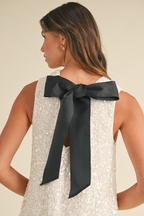 Irina White Sequin Sleeveless Mini Dress with Black Bow