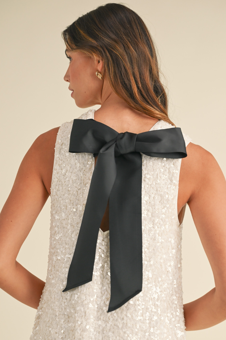 Irina White Sequin Sleeveless Mini Dress with Black Bow