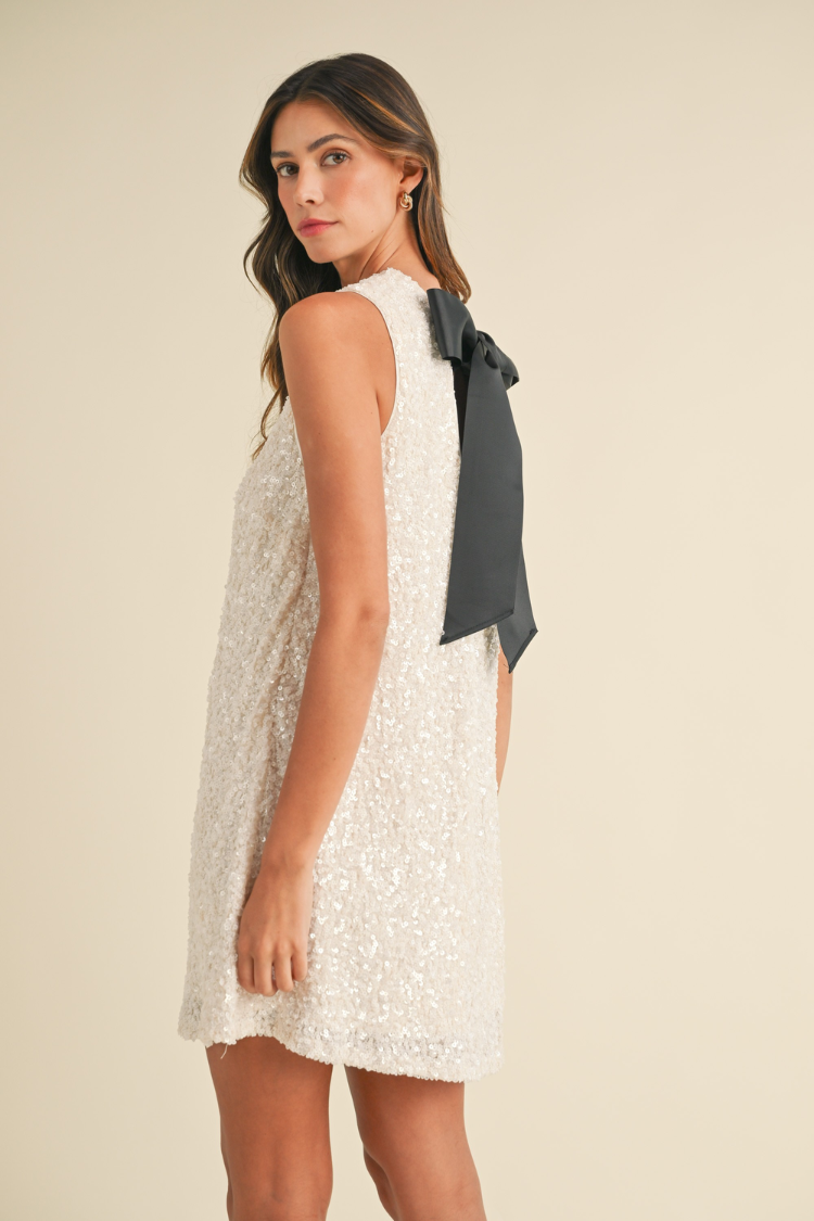 Irina White Sequin Sleeveless Mini Dress with Black Bow