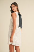 Irina White Sequin Sleeveless Mini Dress with Black Bow