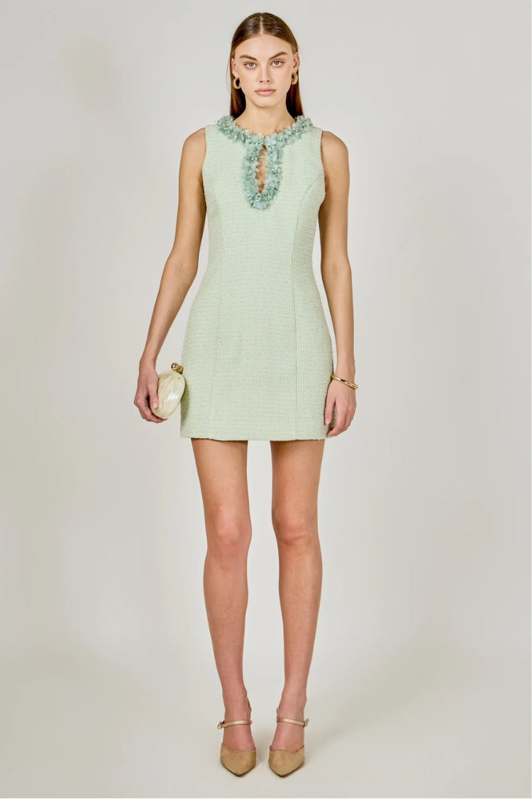 Jackie Tweed Racerback Floral Trim Mini Dress - Pistachio
