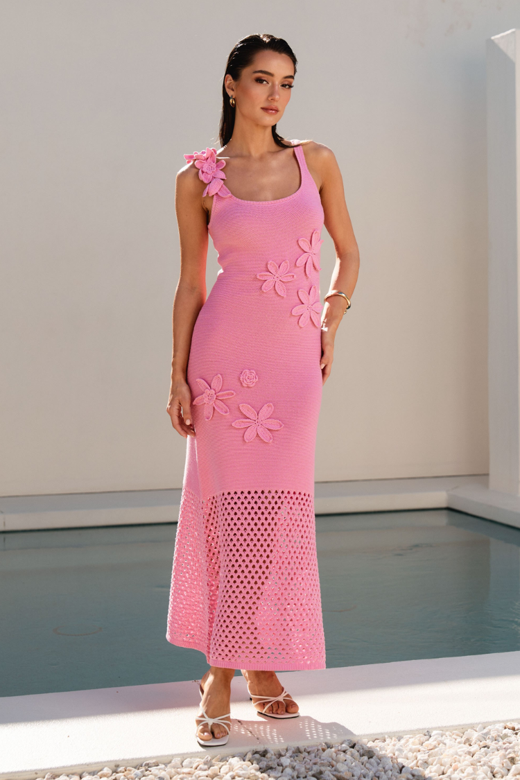 Koh Samui Crochet Midi Dress - Pink