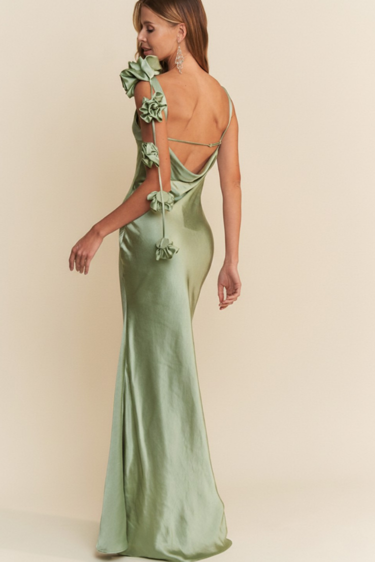 Lana Cowl Back Gown with 3D Floral Trim - Sage Green