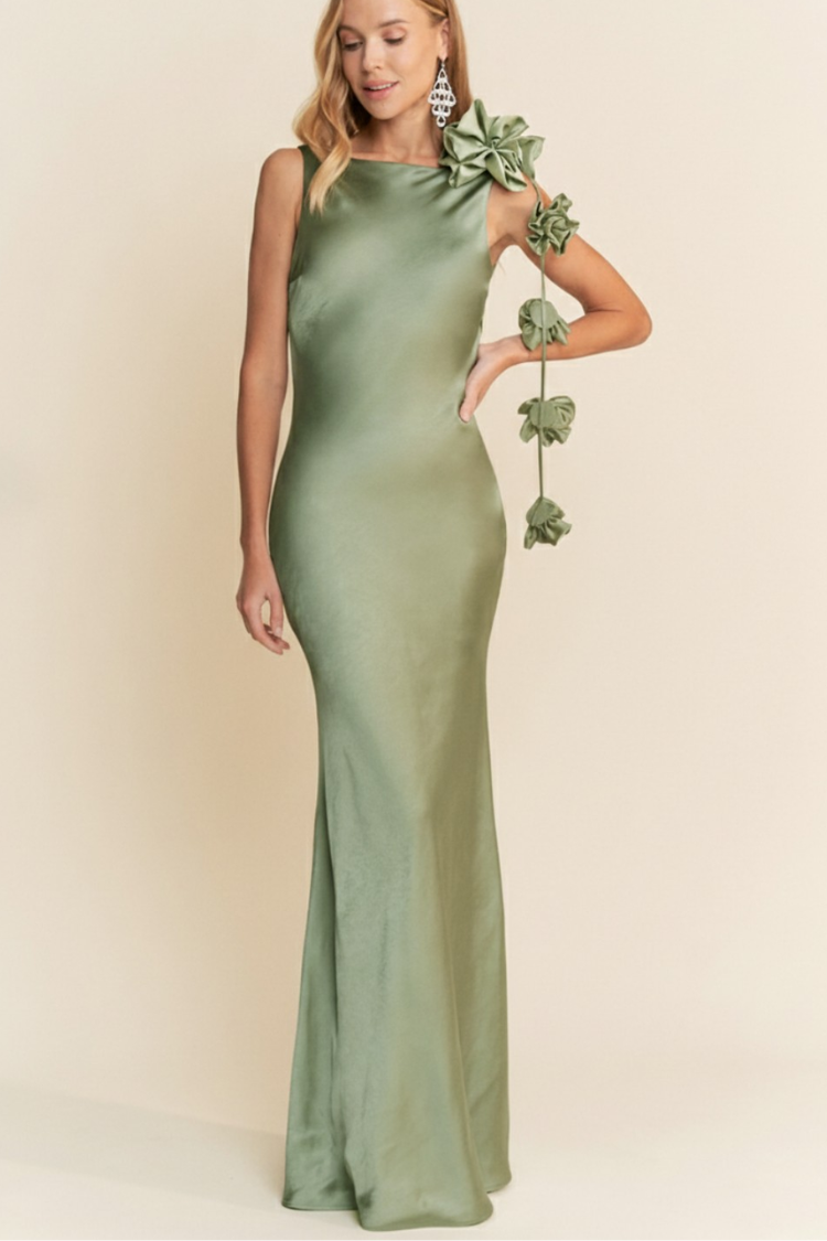 Lana Cowl Back Gown with 3D Floral Trim - Sage Green