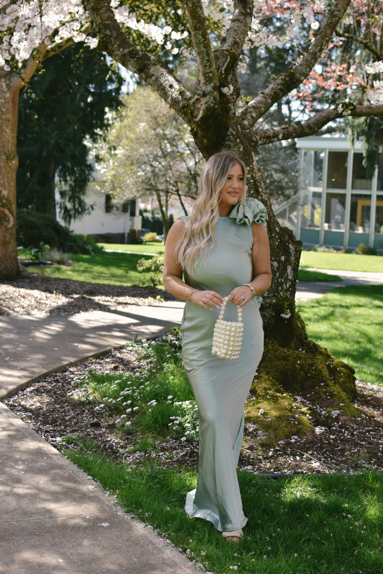 Lana Cowl Back Gown with 3D Floral Trim - Sage Green