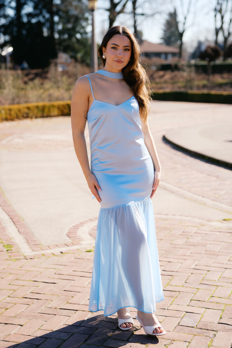 Lila Maxi Dress with Neck Scarf - Blue
