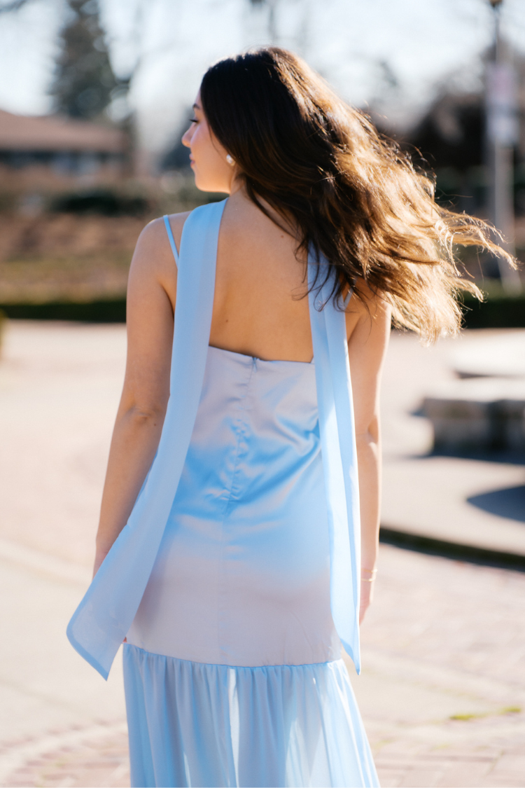 Lila Maxi Dress with Neck Scarf - Blue