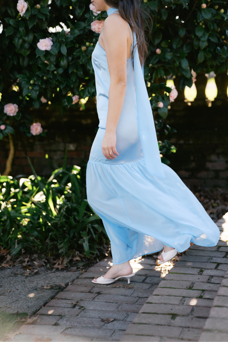 Lila Maxi Dress with Neck Scarf - Blue