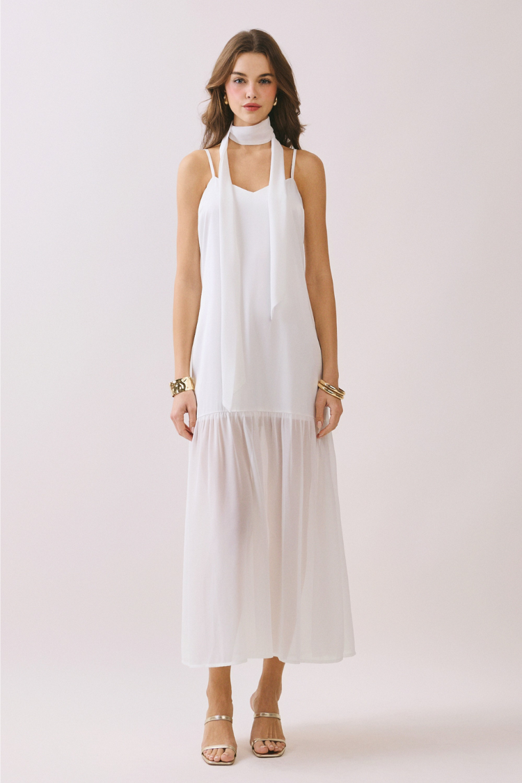 Lila Maxi Dress with Neck Scarf - White