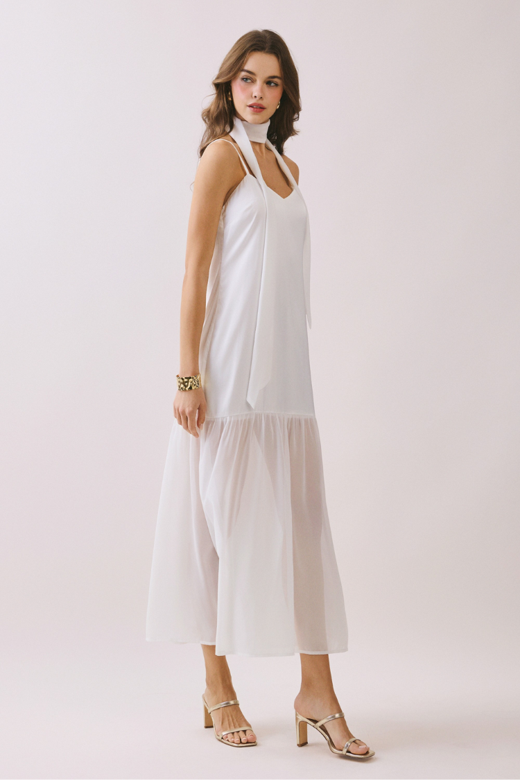 Lila Maxi Dress with Neck Scarf - White