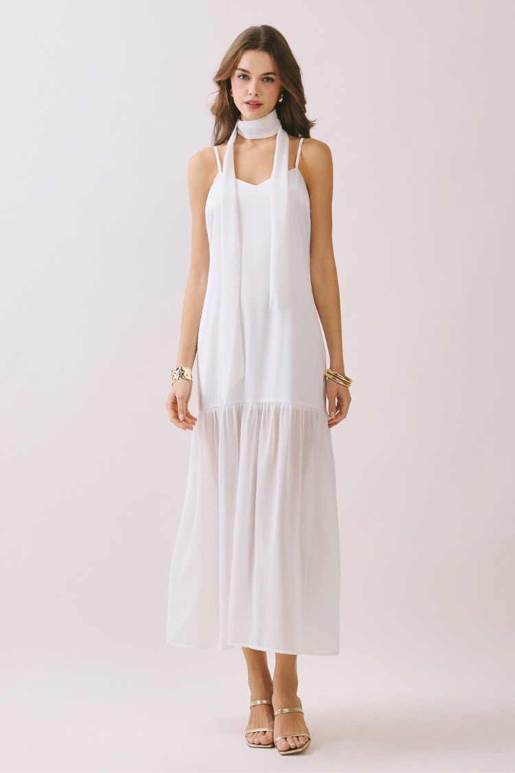 Lila Maxi Dress with Neck Scarf - White