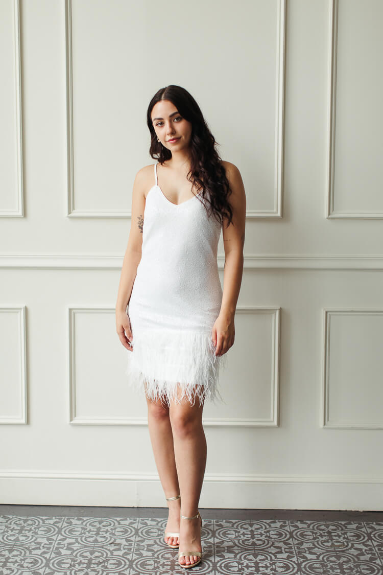 Lou Lou White Sequin Mini Dress with Feathers