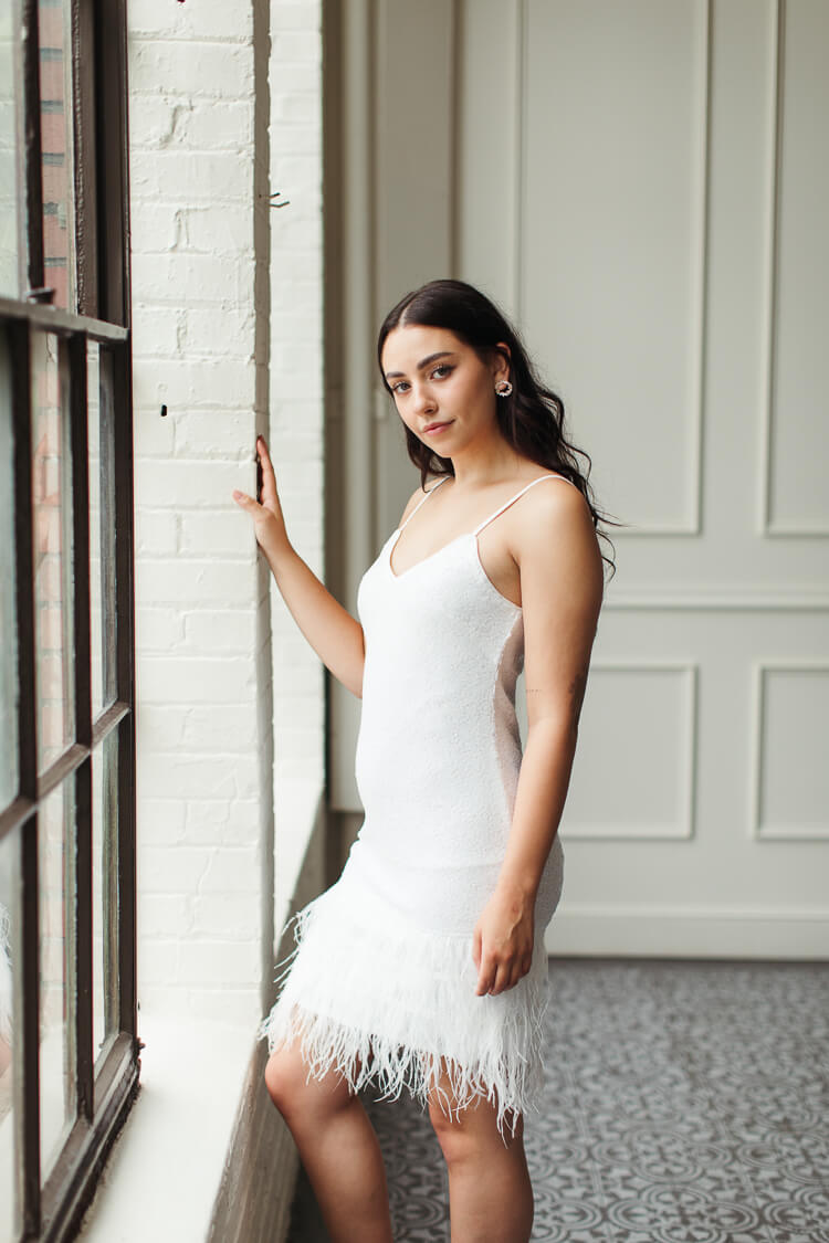 Lou Lou White Sequin Mini Dress with Feathers