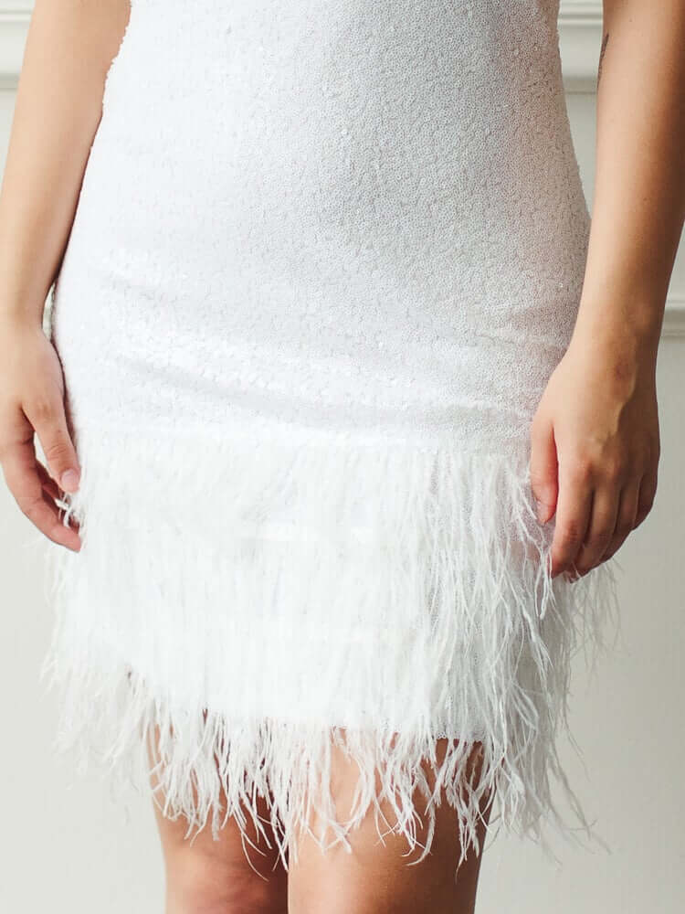 Lou Lou White Sequin Mini Dress with Feathers