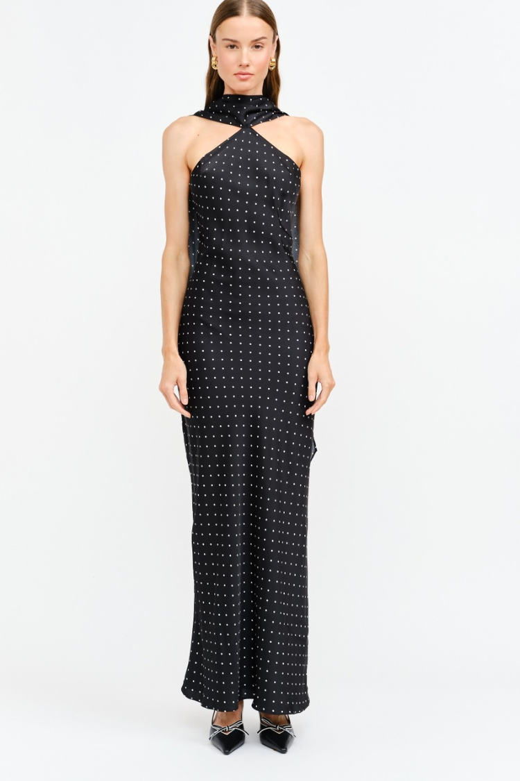 Magdalena Polka Dot Maxi Dress with Neck Scarf