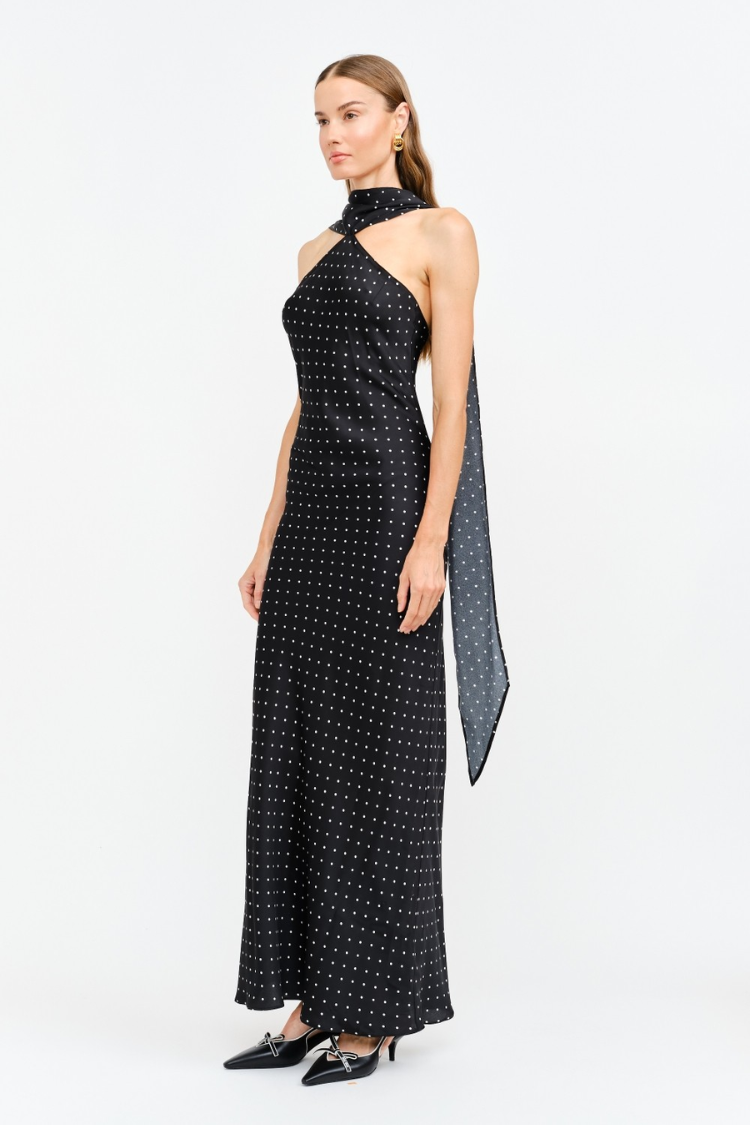 Magdalena Polka Dot Maxi Dress with Neck Scarf