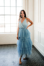Mare Tiered Blue Tulle Midi Dress - FINAL SALE