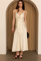 Margaux Rosette Satin Polka Dot Midi Dress