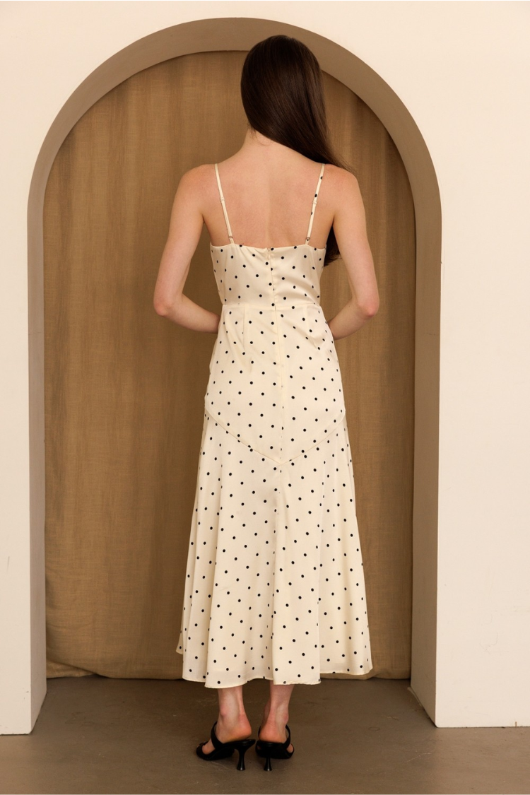 Margaux Rosette Satin Polka Dot Midi Dress