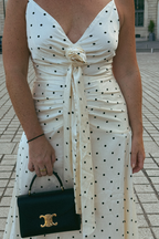Margaux Rosette Satin Polka Dot Midi Dress