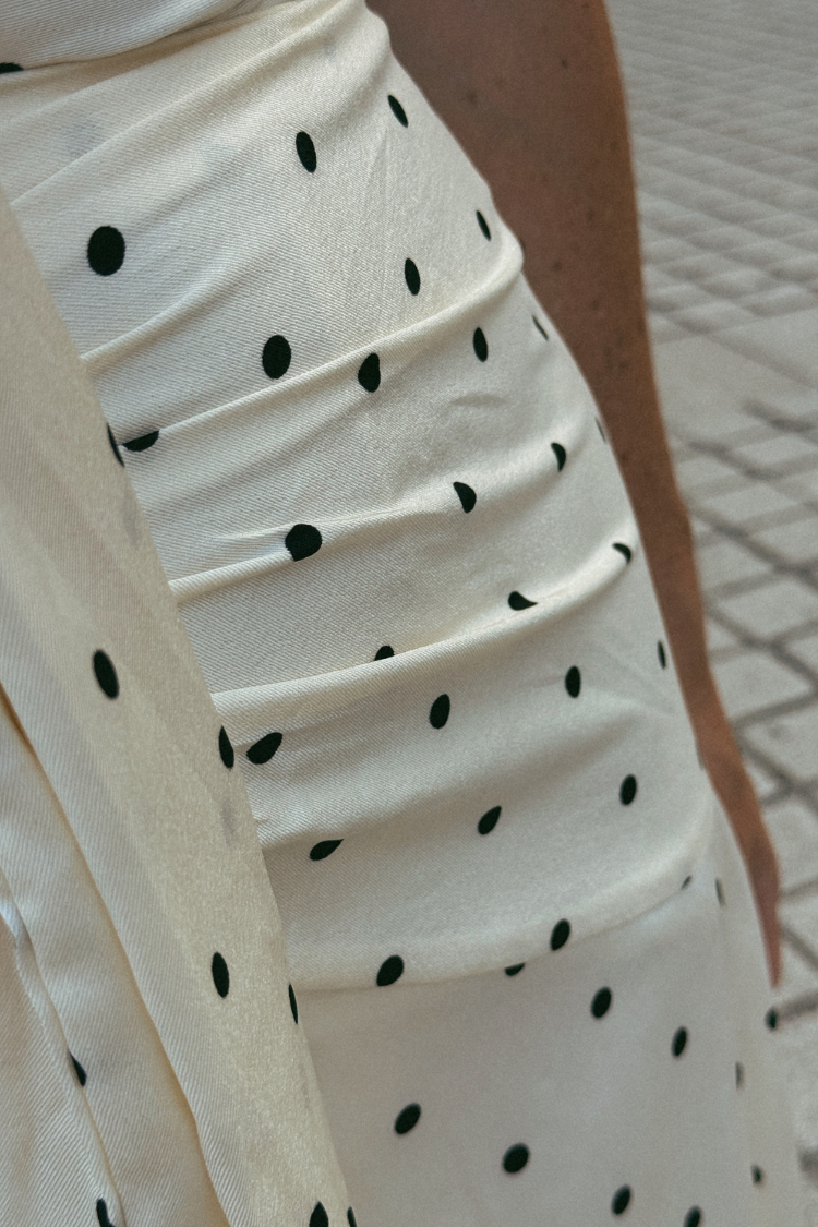 Margaux Rosette Satin Polka Dot Midi Dress
