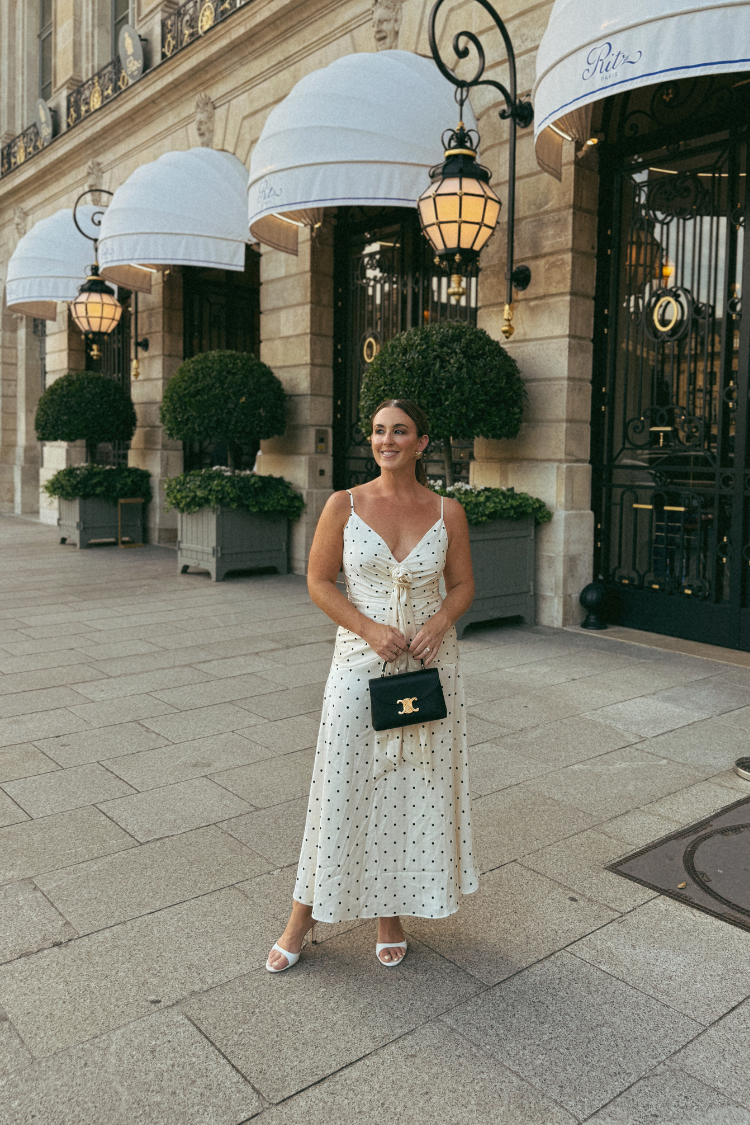 Margaux Rosette Satin Polka Dot Midi Dress