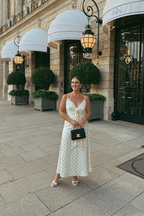 Margaux Rosette Satin Polka Dot Midi Dress